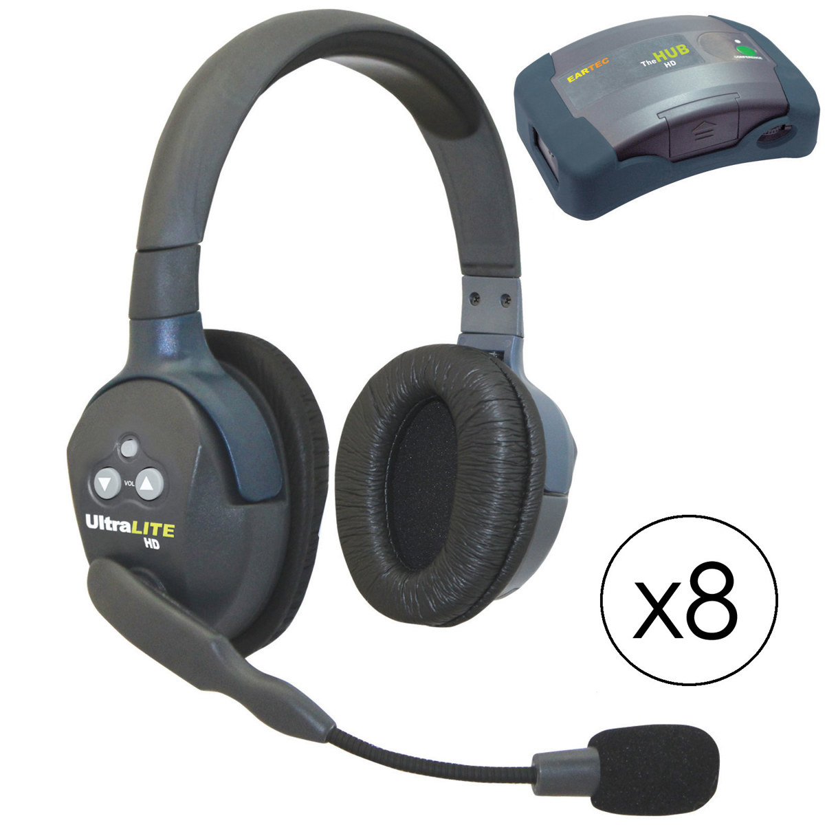 

Eartec HUB8D HUB 8 Person System, 8x UltraLITE Dual-Ear Remote Headset