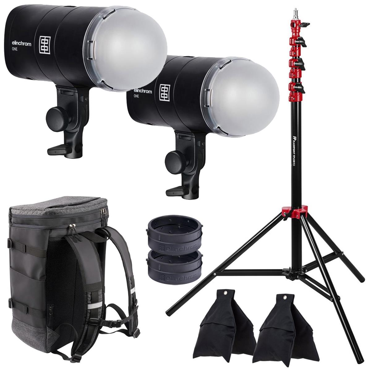 Image of Elinchrom ONE 131Ws Off-Camera Flash Dual Kit w/9.5' Stand &amp; 2x Weight Sand Bag
