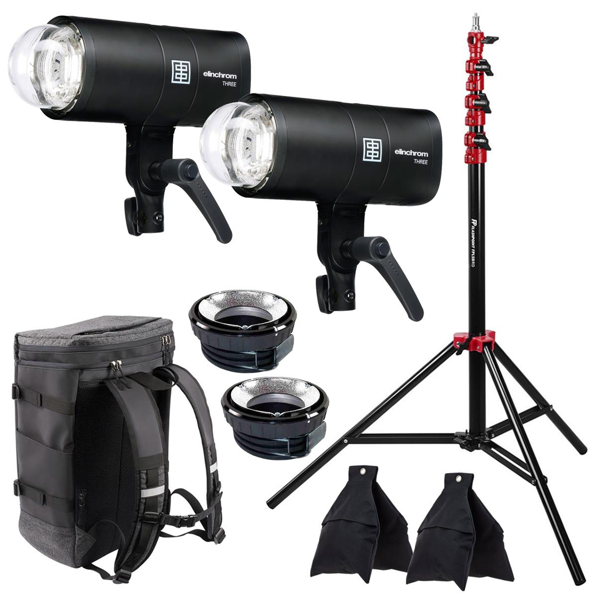 Image of Elinchrom THREE 261Ws Off-Camera Dual Flash Kit with 9.5' Stand and 2x Sand Bag
