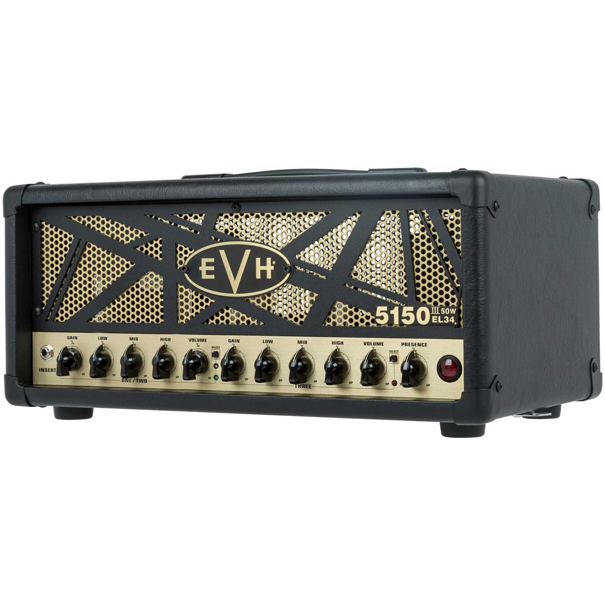 EVH 5150 III 50W EL34 120V Amplifier Head, Black and Gold Motif Independent volume and gain control for all three channels has arrived with the 5150III 50W EL34 head. Experience total control, along with the same lethal looks and ferocious EL34 tone of the 100-Watt head. The EL34 power tubes deliver signature harmonic overtones, with more dynamic compression and saturation that evoke a more modern "British" sound, all with the sustain and versatility expected from EVH 5150III amps. Channel one boasts a more sparkling and compressed clean tone, while channels two and three possess a slightly darker and compressed tone with even more saturation than before. Channels one and two each have dual concentric gain/volume controls, with shared EQ (low, mid, high), while channel 3 has an independent EQ. Other features include a rear-panel resonance control that tailors low-frequency response for all channels and a global presence control. Wrapped in an elegant gold and black EVH motif, the EL34 50-watt head also is equipped with an effects loop, headphone jack, pre-amp out and midi-in.
