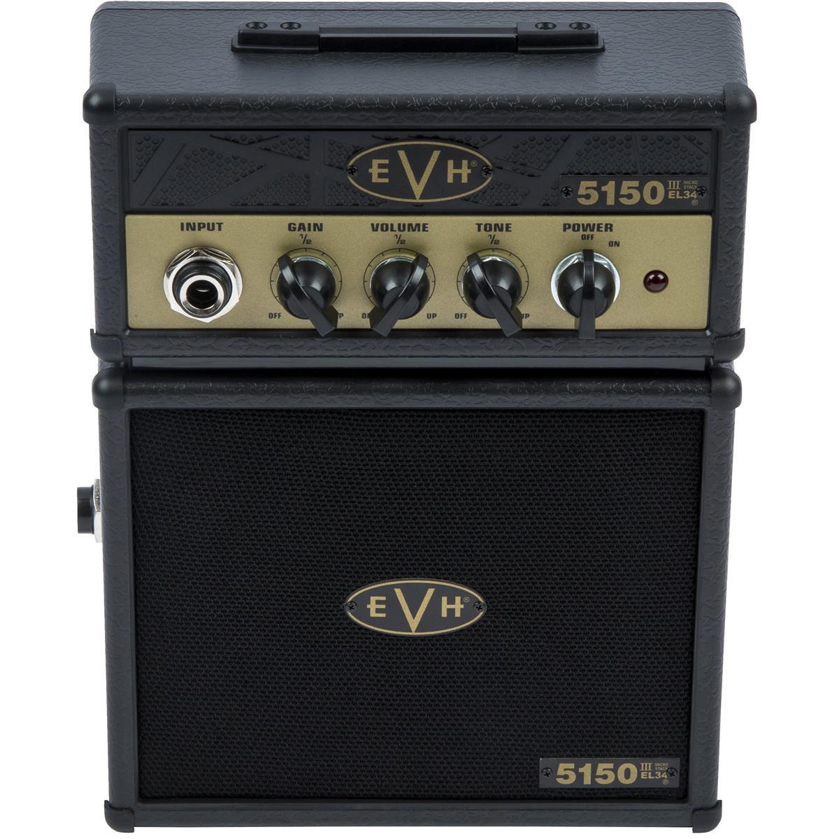 EVH 5150III Micro Stack EL34, 1W, 1x3" Mini Guitar Combo Amp, Black and Gold Just like its bigger brothers, the EVH 5150III Micro Stack is filled with arena-sized crunch - yet you won't need a road crew to move it. Perfect for practicing in a dorm room or office, it features the look and sound that put EVH amplifiers on the map. With a full set of Gain, Volume and Tone controls you can dial in your sound as clean or gritty as you want. It even includes a headphone output jack for silent practice.