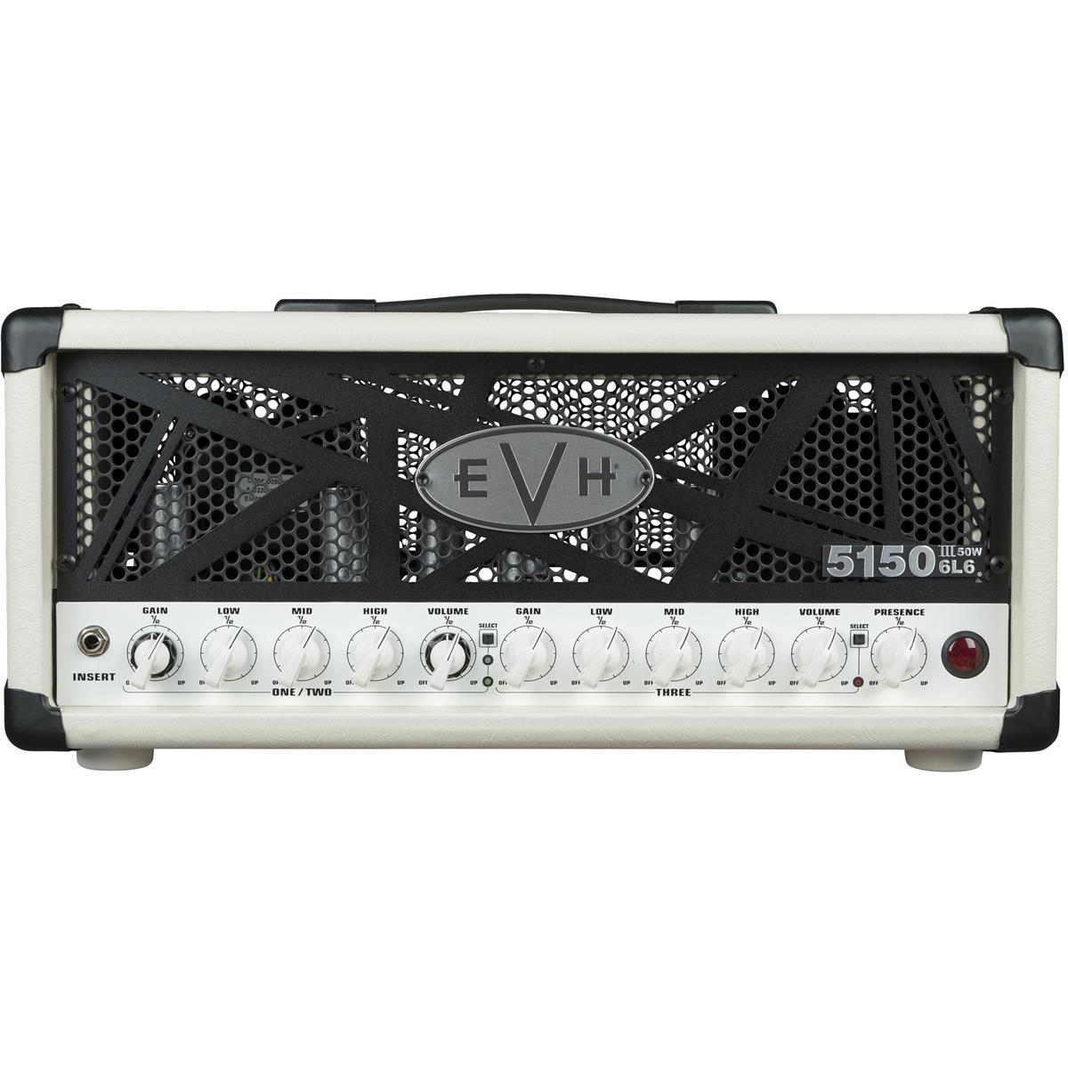 EVH 5150III 50-Watt Amplifier with 6L6 Power Tube, 120V, Ivory With its smaller size and portability, the EVH 5150III 50W 6L6 Head is the perfect amp for players who want arena volume and performance in a compact package. Three channels of road-tested sound work for any playing style - crisp cleans, raw crunch or searing leads, while newly added independent dual-concentric controls allows for gain and volume level matching. This 2.0 version of our popular 50-watt head delivers a full-spectrum of tone - channel one powers crystal-clear clean tone, channel two ranges from chunky overdrive to tight distortion and channel three oozes with liquid gain. Channels one and two each have dual concentric gain/volume controls, with shared EQ (low, mid, high). Channel three has its own gain, volume and EQ (low, mid, high) controls. All three channels also have global presence and global resonance controls. This amp head also includes selectable impedance (4, 8 or 16 Ohms), dual parallel speaker output jacks, effects loop, headphone jack, line out and a four-button footswitch with 1/4" input jack and MIDI input. Loaded with pure EVH sound and power, the EVH 5150III 50W 6L6 Head is wrapped in Black or Ivory textured vinyl and features our instantly recognizable black EVH-striped steel grille. A high- quality fitted cover is available as an EVH Accessory.