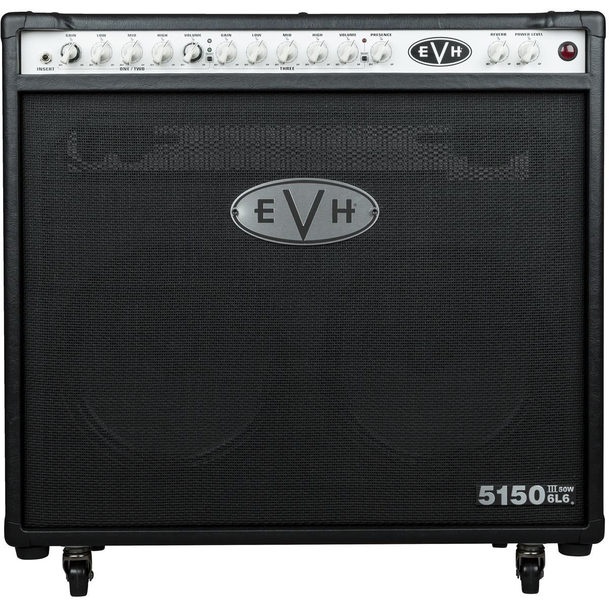 EVH 5150III 50W Amplifier with 6L6 212 Power Tube and 2x 12" Speakers, Black Brimming with brawny tone, the EVH 5150III 50W 6L6 212 Combo is arena-sized sound in a Celestion powered compact package for more convenient transport. Redesigned with versatile, all-new independent dual- concentric controls that allow for gain and volume level matching, this 50-watt tube combo amp boasts three channels for any playing style- crisp cleans, raw crunch or searing leads.  Delivering a full-spectrum of tone, channel one features pristine cleans, channel two kicks in with overdrive and heavy gain similar to the EVH 5150III 100S, while channel three oozes with liquid distortion. Channels one and two each have dual concentric gain/volume controls, with shared EQ (low, mid, high). Channel three has its own gain, volume and EQ (low, mid, high) controls. All three channels also have global presence, resonance and reverb controls. Loaded with dual 12" custom special designed EVH Celestion speakers to enhance and refine both your sound and your style, this combo amp also has seven JJ ECC83 (12AX7) preamp tubes, two JJ 6L6 power tubes and front-panel adjustable power output from 50 watts down to one watt.  Other features include a single input, rear-panel selectable output impedance (4, 8 or 16 ohms) with a pair of parallel speaker outputs, rear-panel MIDI input and preamp output, rear-panel effects loop and headphone jack (mutes power amp) and a four-button footswitch that controls all three channels and reverb for easy onstage switching. The cabinet is constructed out of birch with special internal baffling for tight and increased bass response. Wrapped in stylish Black or Ivory vinyl, the EVH 5150III 50W 6L6 212 Combo is finished off with vintage-style chicken-knobs, red LED jewel indicator, molded black plastic top handle and pop-out casters. A high-quality fitted cover is available as an EVH Accessory.