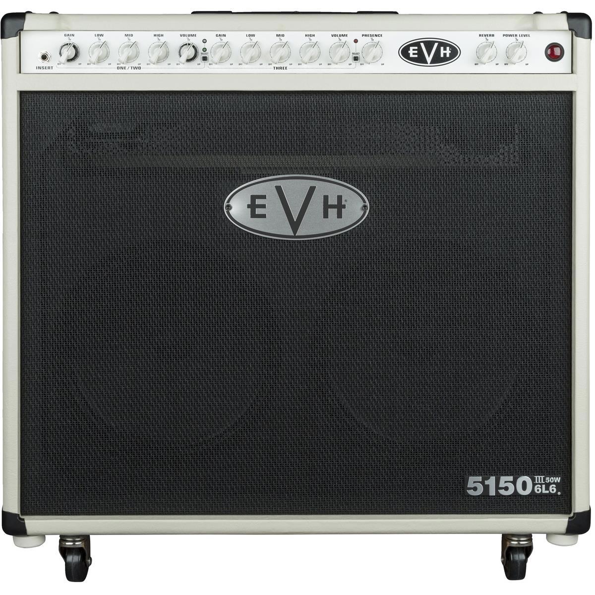 EVH 5150III 50W Amplifier with 6L6 212 Power Tube and 2x 12" Speakers, Ivory Brimming with brawny tone, the EVH 5150III 50W 6L6 212 Combo is arena-sized sound in a Celestion powered compact package for more convenient transport. Redesigned with versatile, all-new independent dual- concentric controls that allow for gain and volume level matching, this 50-watt tube combo amp boasts three channels for any playing style- crisp cleans, raw crunch or searing leads.  Delivering a full-spectrum of tone, channel one features pristine cleans, channel two kicks in with overdrive and heavy gain similar to the EVH 5150III 100S, while channel three oozes with liquid distortion. Channels one and two each have dual concentric gain/volume controls, with shared EQ (low, mid, high). Channel three has its own gain, volume and EQ (low, mid, high) controls. All three channels also have global presence, resonance and reverb controls. Loaded with dual 12" custom special designed EVH Celestion speakers to enhance and refine both your sound and your style, this combo amp also has seven JJ ECC83 (12AX7) preamp tubes, two JJ 6L6 power tubes and front-panel adjustable power output from 50 watts down to one watt.  Other features include a single input, rear-panel selectable output impedance (4, 8 or 16 ohms) with a pair of parallel speaker outputs, rear-panel MIDI input and preamp output, rear-panel effects loop and headphone jack (mutes power amp) and a four-button footswitch that controls all three channels and reverb for easy onstage switching. The cabinet is constructed out of birch with special internal baffling for tight and increased bass response. Wrapped in stylish Black or Ivory vinyl, the EVH 5150III 50W 6L6 212 Combo is finished off with vintage-style chicken-knobs, red LED jewel indicator, molded black plastic top handle and pop-out casters. A high-quality fitted cover is available as an EVH Accessory.
