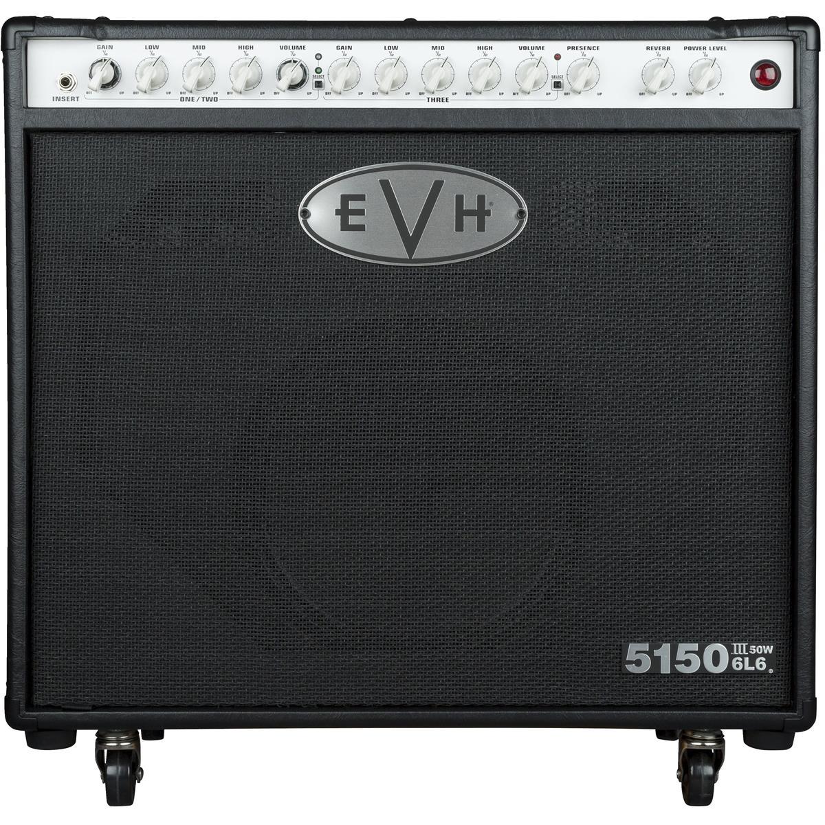 EVH 5150III 50W Amplifier with 6L6 112 Power Tube and 12" Speaker, Black Brimming with brawny tone, the EVH 5150III 50W 6L6 112 Combo is arena-sized sound in a Celestion powered compact package for more convenient transport. Redesigned with versatile, all-new independent dual- concentric controls that allow for gain and volume level matching, this 50-watt tube combo amp boasts three channels for any playing style- crisp cleans, raw crunch or searing leads.  Delivering a full-spectrum of tone, channel one features pristine cleans, channel two kicks in with overdrive and heavy gain similar to the EVH 5150III 100S, while channel three oozes with liquid distortion. Channels one and two each have dual concentric gain/volume controls, with shared EQ (low, mid, high). Channel three has its own gain, volume and EQ (low, mid, high) controls. All three channels also have global presence, resonance and reverb controls. Loaded with a 12" custom special designed EVH Celestion speaker to enhance and refine both your sound and your style, this combo amp also has seven JJ ECC83 (12AX7) preamp tubes, two JJ 6L6 power tubes and front-panel adjustable power output from 50 watts down to one watt.  Other features include a single input, rear-panel selectable output impedance (4, 8 or 16 ohms) with a pair of parallel speaker outputs, rear-panel MIDI input and preamp output, rear-panel effects loop and headphone jack (mutes power amp) and a four-button footswitch that controls all three channels and reverb for easy onstage switching. The cabinet is constructed out of birch with special internal baffling for tight and increased bass response. Wrapped in stylish Black or Ivory vinyl, this combo is finished off with vintage-style chicken-knobs, red LED jewel indicator, molded black plastic top handle and pop- out casters. A high-quality fitted cover is available as an EVH Accessory.