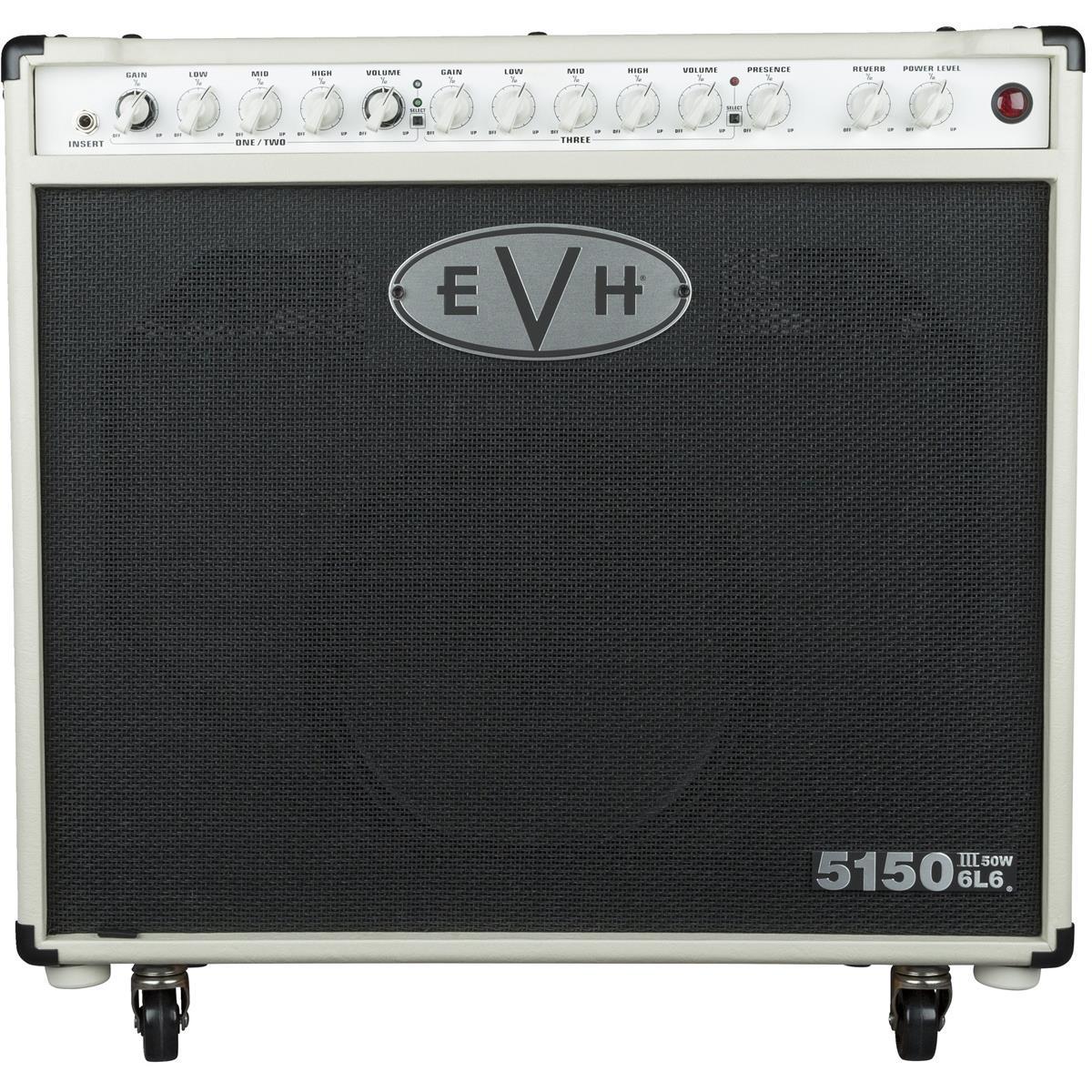 EVH 5150III 50W Amplifier with 6L6 112 Power Tube and 12" Speaker, Ivory Brimming with brawny tone, the EVH 5150III 50W 6L6 112 Combo is arena-sized sound in a Celestion powered compact package for more convenient transport. Redesigned with versatile, all-new independent dual- concentric controls that allow for gain and volume level matching, this 50-watt tube combo amp boasts three channels for any playing style- crisp cleans, raw crunch or searing leads.  Delivering a full-spectrum of tone, channel one features pristine cleans, channel two kicks in with overdrive and heavy gain similar to the EVH 5150III 100S, while channel three oozes with liquid distortion. Channels one and two each have dual concentric gain/volume controls, with shared EQ (low, mid, high). Channel three has its own gain, volume and EQ (low, mid, high) controls. All three channels also have global presence, resonance and reverb controls. Loaded with a 12" custom special designed EVH Celestion speaker to enhance and refine both your sound and your style, this combo amp also has seven JJ ECC83 (12AX7) preamp tubes, two JJ 6L6 power tubes and front-panel adjustable power output from 50 watts down to one watt.  Other features include a single input, rear-panel selectable output impedance (4, 8 or 16 ohms) with a pair of parallel speaker outputs, rear-panel MIDI input and preamp output, rear-panel effects loop and headphone jack (mutes power amp) and a four-button footswitch that controls all three channels and reverb for easy onstage switching. The cabinet is constructed out of birch with special internal baffling for tight and increased bass response. Wrapped in stylish Black or Ivory vinyl, this combo is finished off with vintage-style chicken-knobs, red LED jewel indicator, molded black plastic top handle and pop- out casters. A high-quality fitted cover is available as an EVH Accessory.