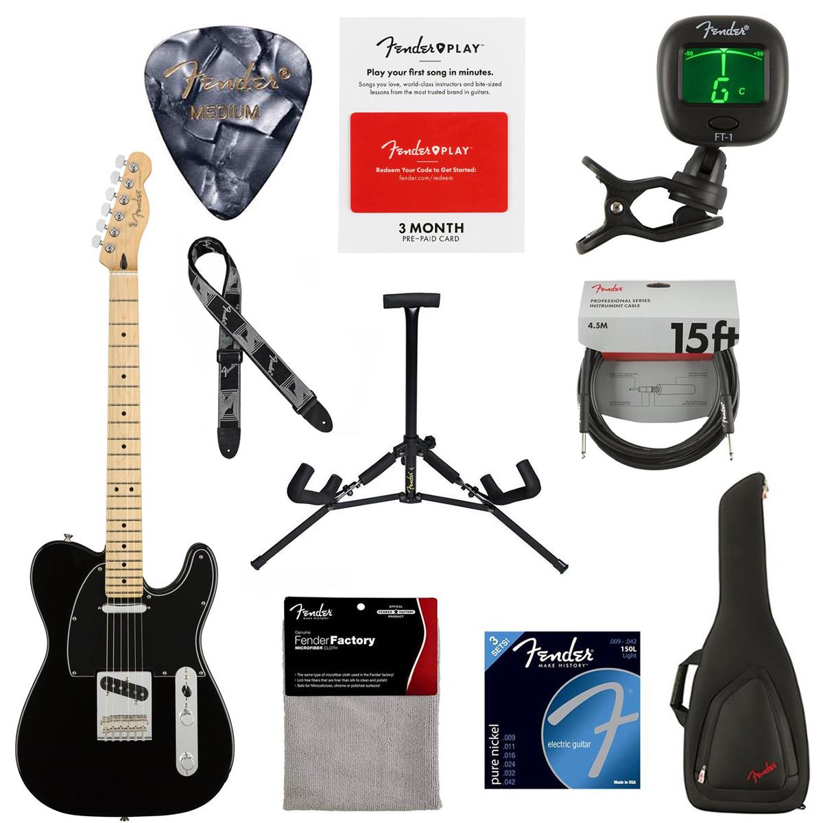 Fender Player Telecaster Electric Guitar, Black - With 9 Pack Accessory Bundle -  0145212506 A