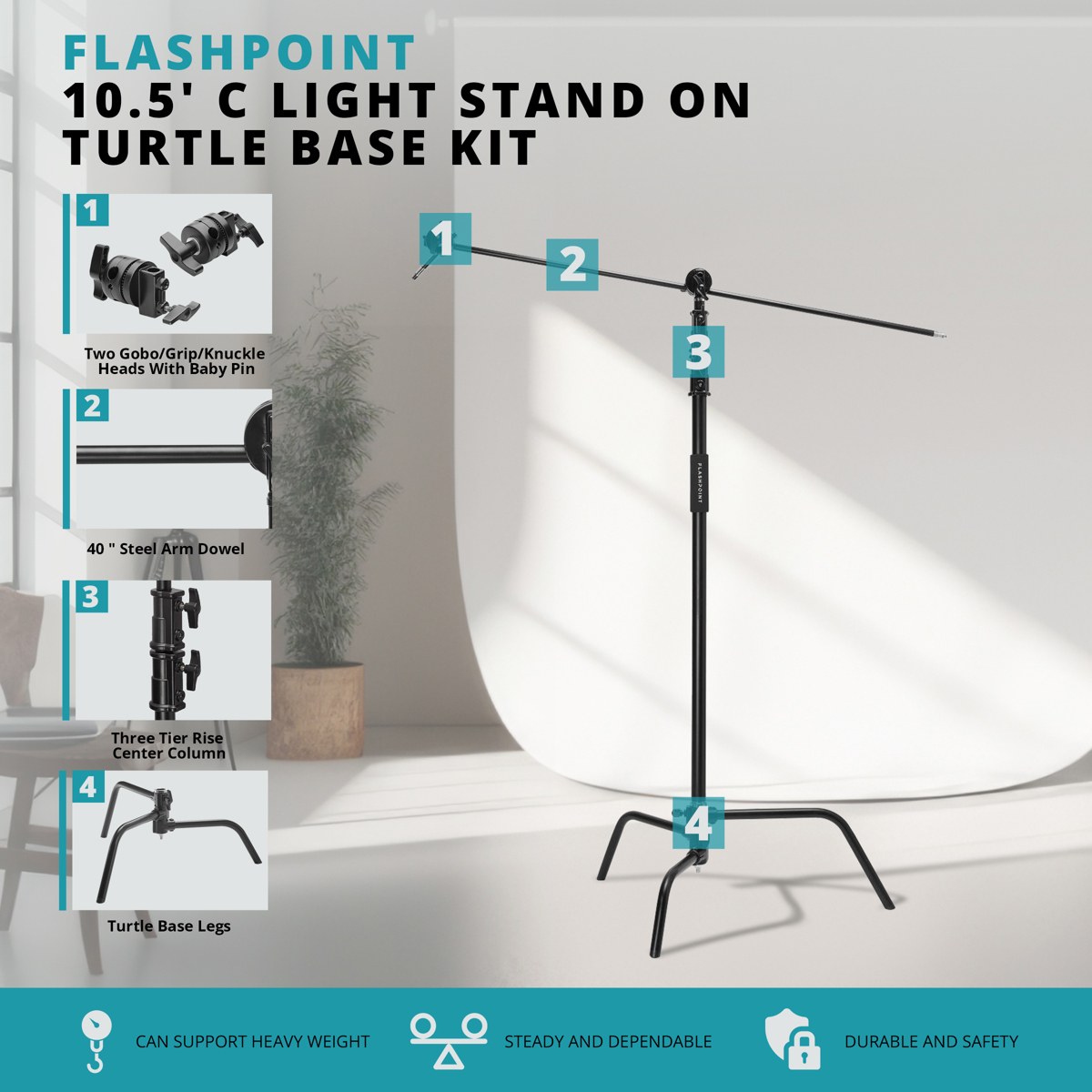 

Flashpoint 10' Century Light Stand on Turtle Base Kit with 40" Grip Arm, Black