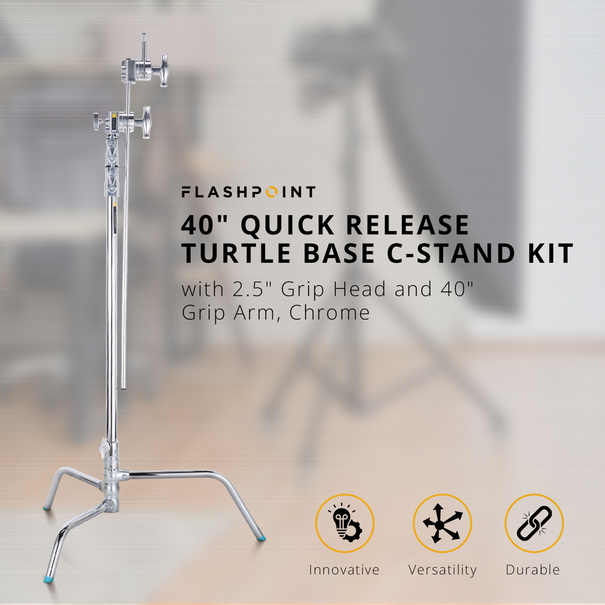 Flashpoint 40" Quick Release Turtle Base C-Stand Kit, Grip Head Arm (Chrome)