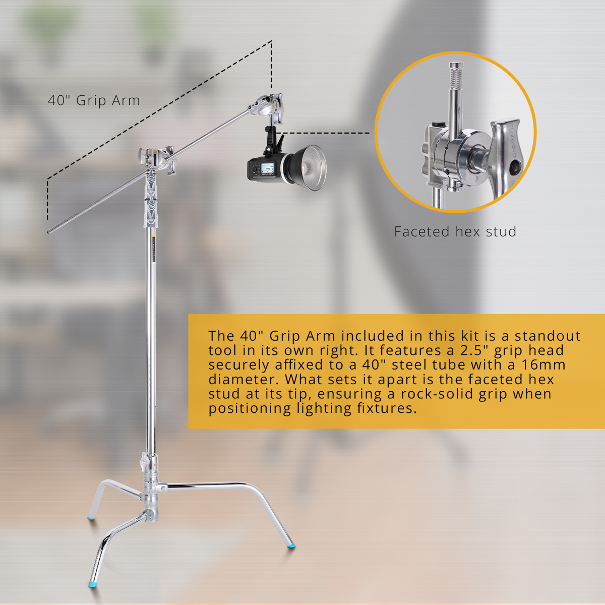 Flashpoint 40" Quick Release Turtle Base C-Stand Kit, Grip Head Arm (Chrome)