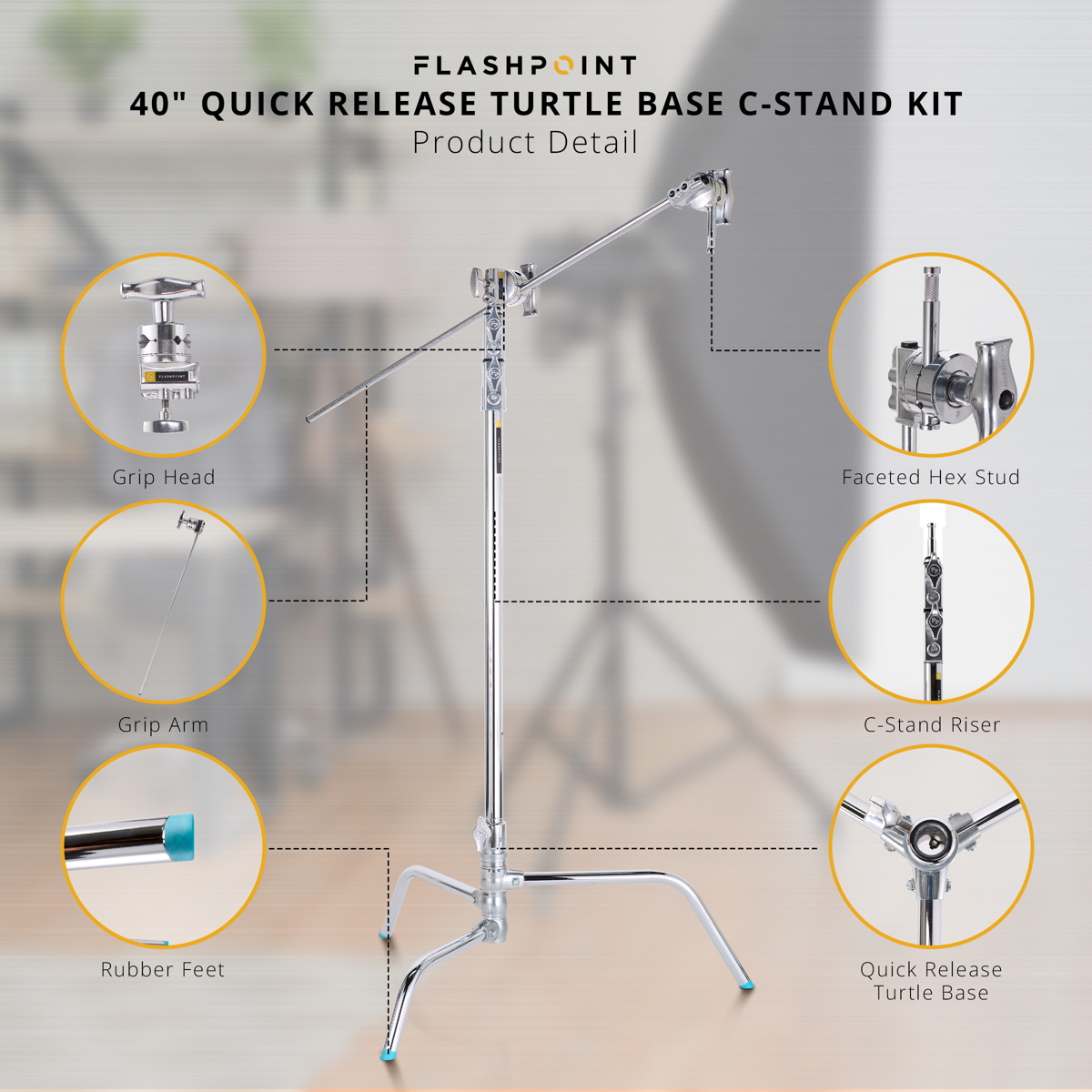 Flashpoint 40" Quick Release Turtle Base C-Stand Kit, Grip Head Arm (Chrome)