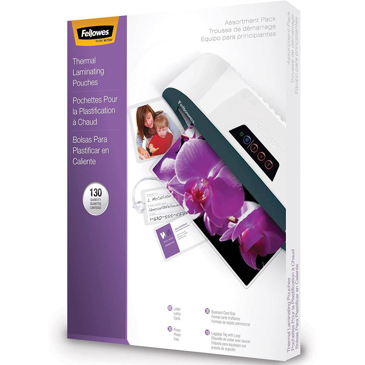 

Fellowes Laminating Pouches Starter Kit, Assorted 3mil, 130 Pack, Clear