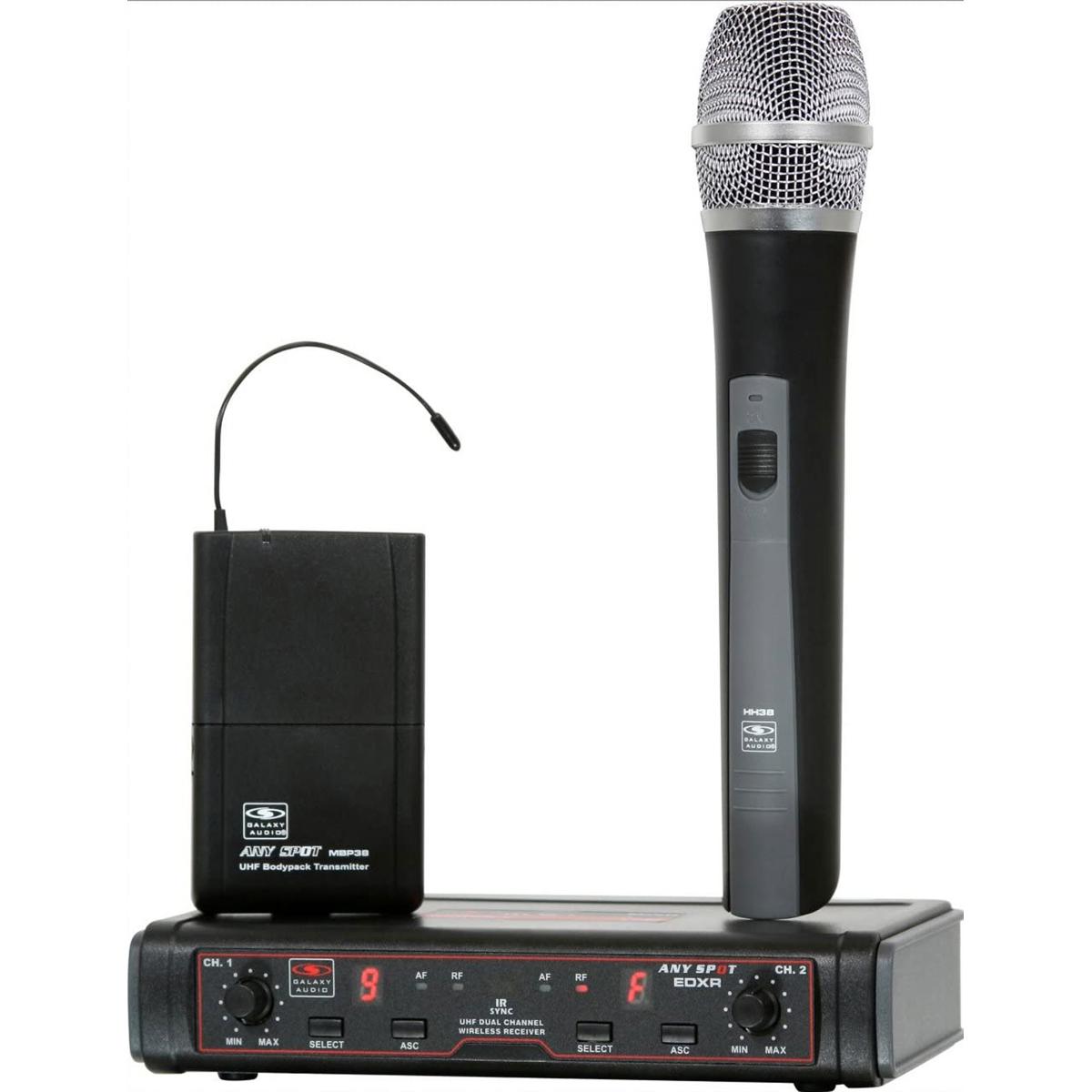 

Galaxy Audio Dual channel wireless system. 16 channel selectable UHF. Includes Handheld transmitter and bodypack transmitter with headset mic and lavalie