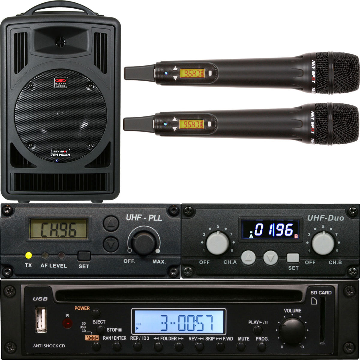 

Galaxy Audio TV8 Speaker, 2-Ch Rx, 2x HH Mic, Audio Link Tx, CD&MP3, 520-544MHz