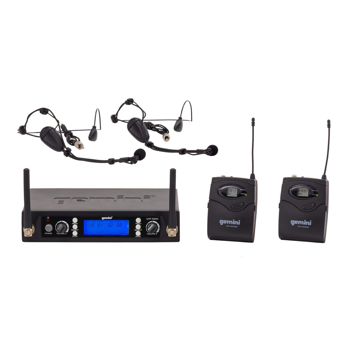 Gemini UHF-6200HL Dual Channel Wireless PLL System with 2x Headset Lavalier Mic