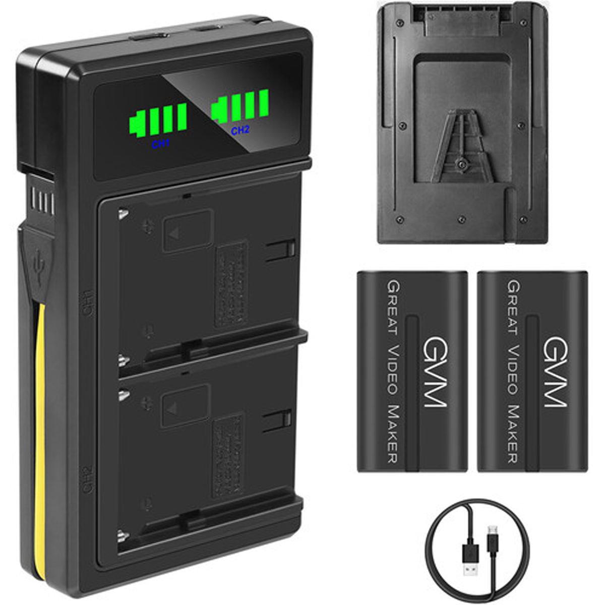 

GVM 2x NP-F970 7.2V 6600mAh Li-Ion Batteries with Dual Charger, V-Mount Adapter
