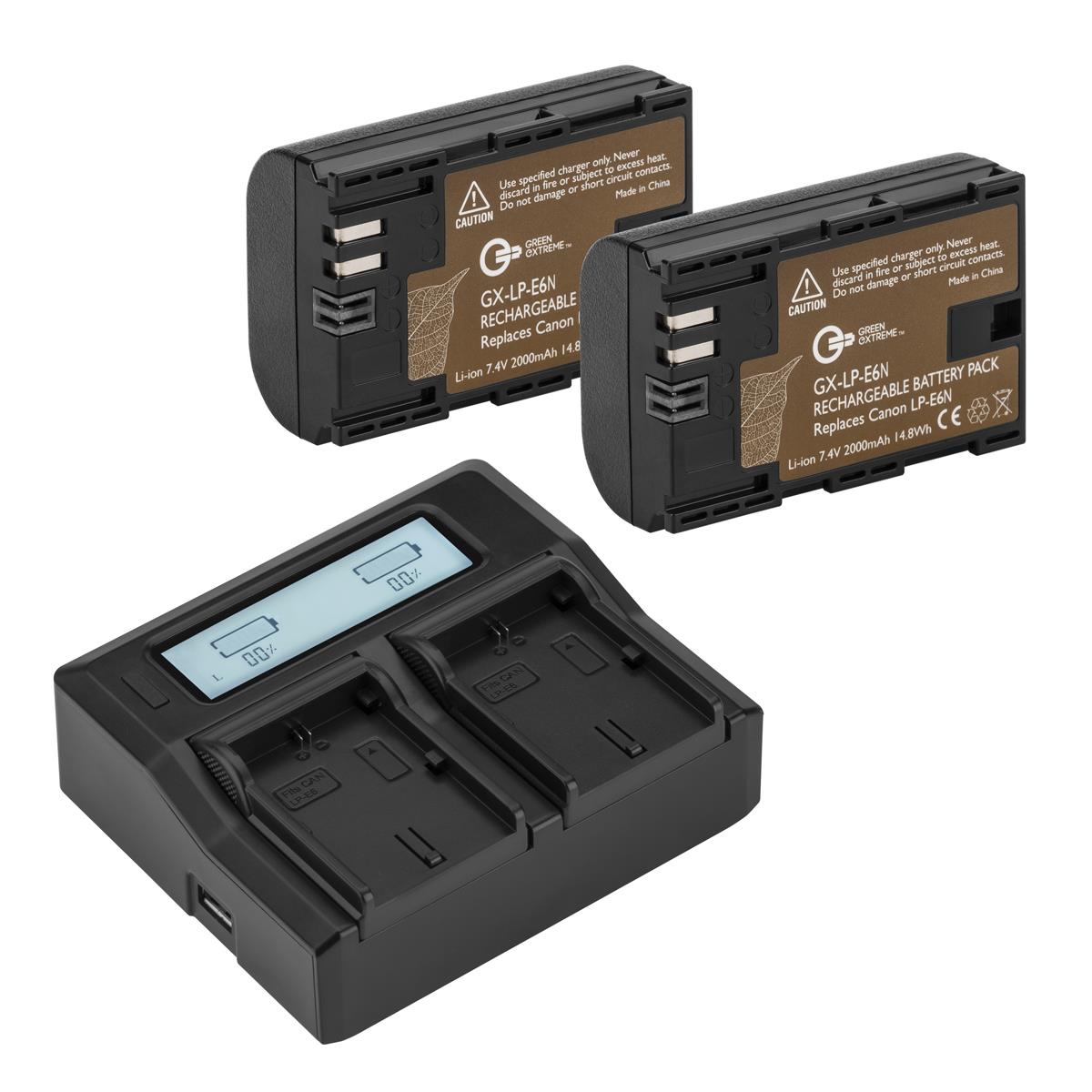 Image of Green Extreme 2 Pack LP-E6N Battery and Dual Smart Charger Kit (7.4V 2000mAh)