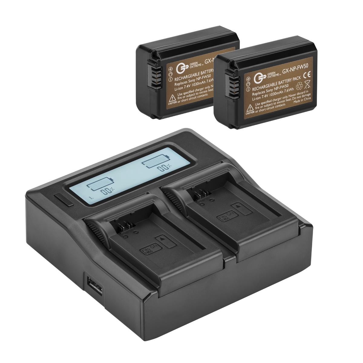 Image of Green Extreme 2 Pack NP-FW50 Battery and Dual Smart Charger Kit