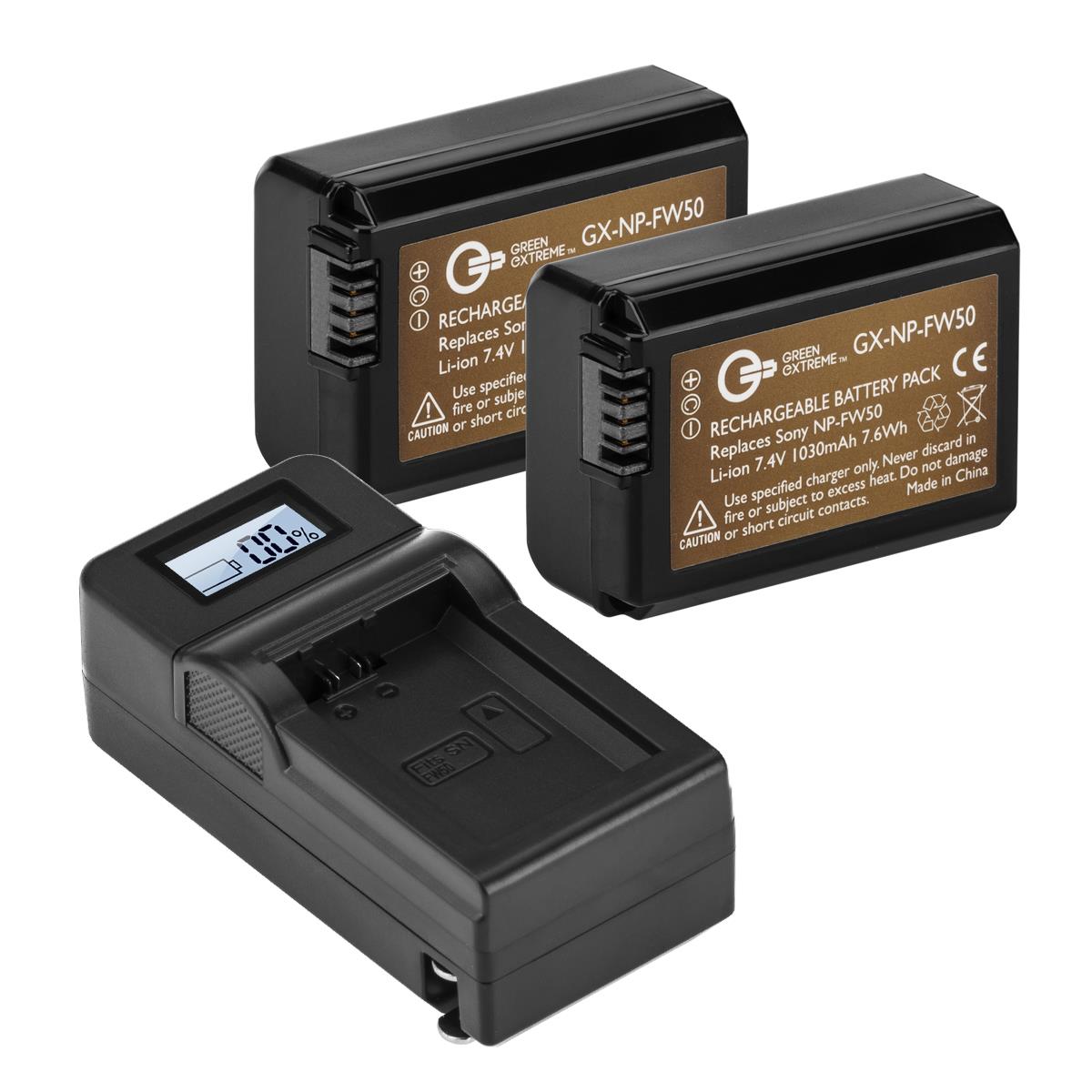 Image of Green Extreme 2 Pack NP-FW50 Battery and Compact Smart Charger Kit 7.4V 2000mAh