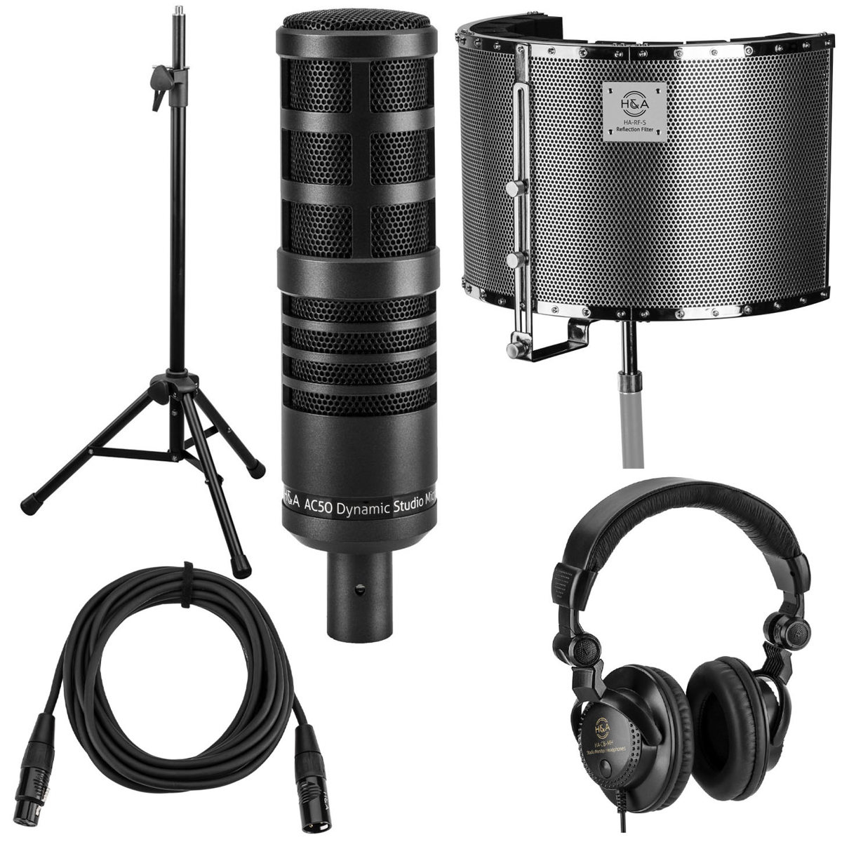 

H&A AC50 Cardioid Dynamic Studio Broadcast Mic w/Reflection Filter Silver & Acc