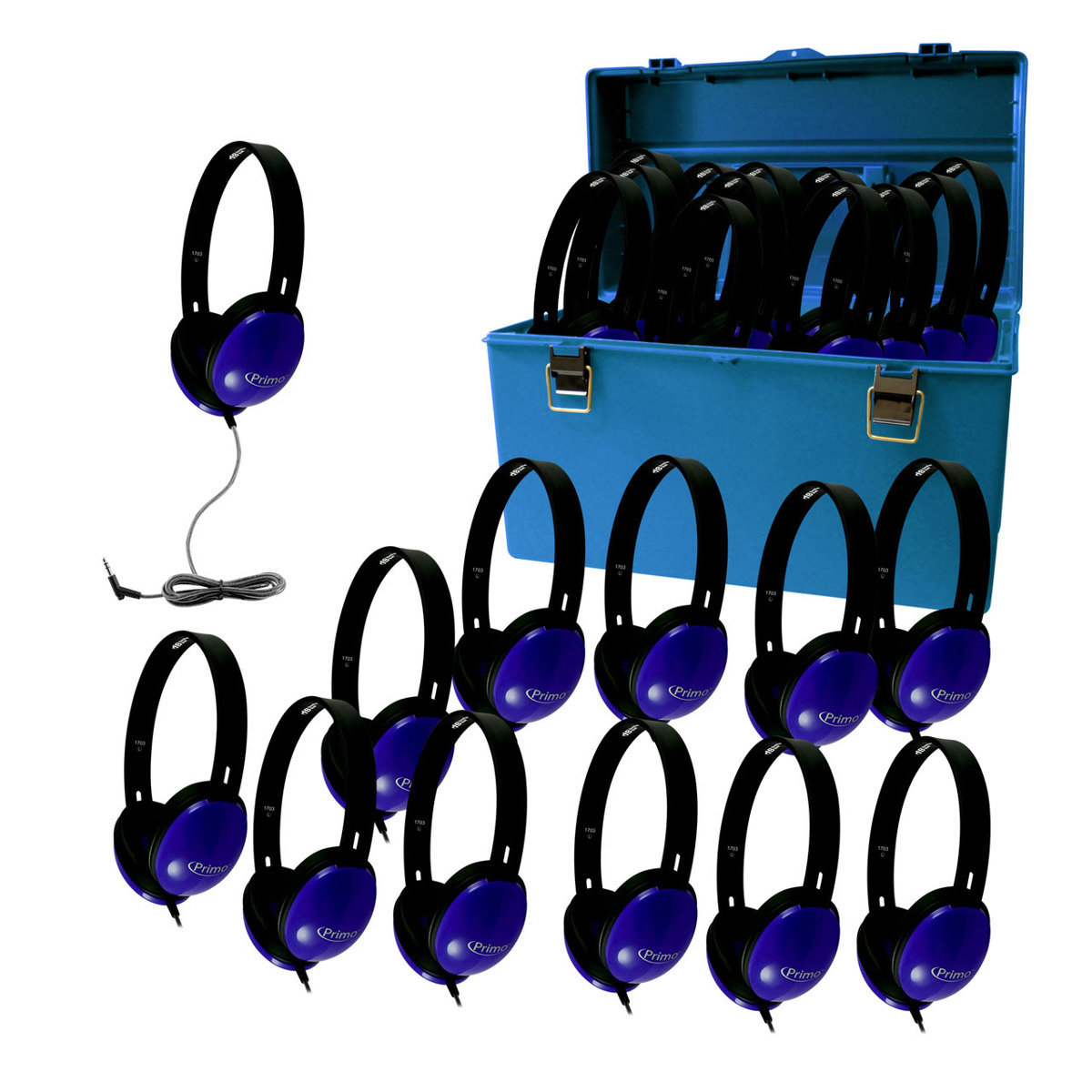 

Hamilton Buhl HamiltonBuhl Lab Pack of 24 Blue Primo Stereo Headphones, Plastic Carry Case