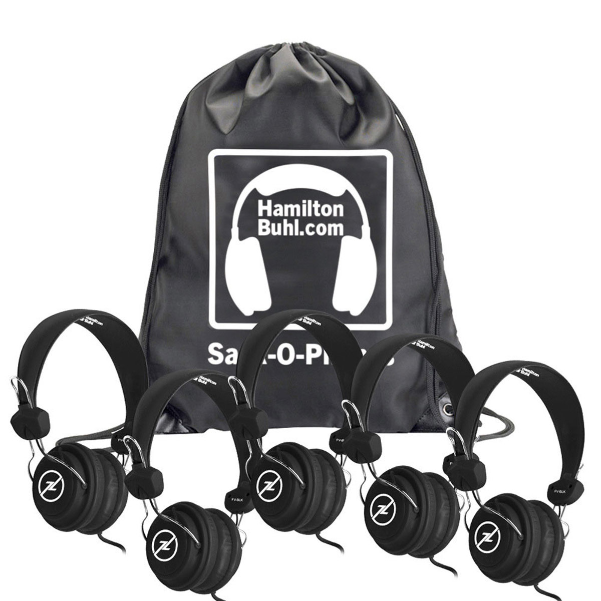 

Hamilton Buhl HamiltonBuhl Sack-O-Phones - 5x Favoritz Headsets, One Carry Bag, Black