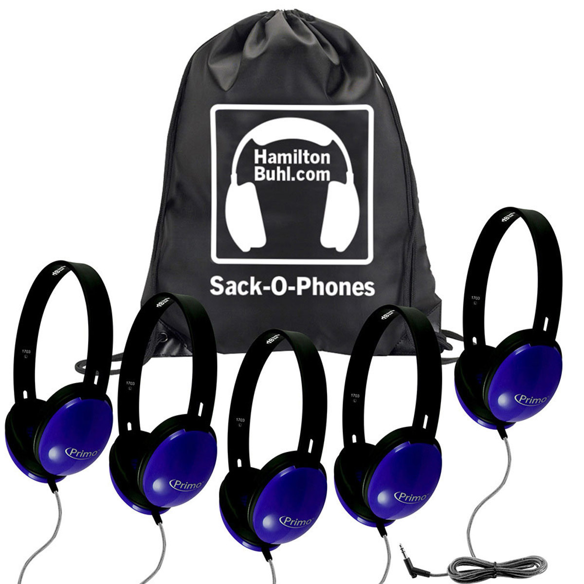 

Hamilton Buhl HamiltonBuhl Sack-O-Phones - 5x Primo Stereo Headphones, One Carry Bag, Blue