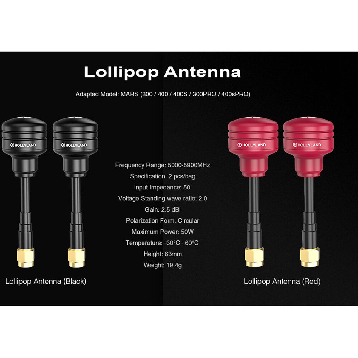 

Hollyland Lollipop Antenna for Mars 300/300 PRO/400/400S/400S PRO, Black, 2-Pack