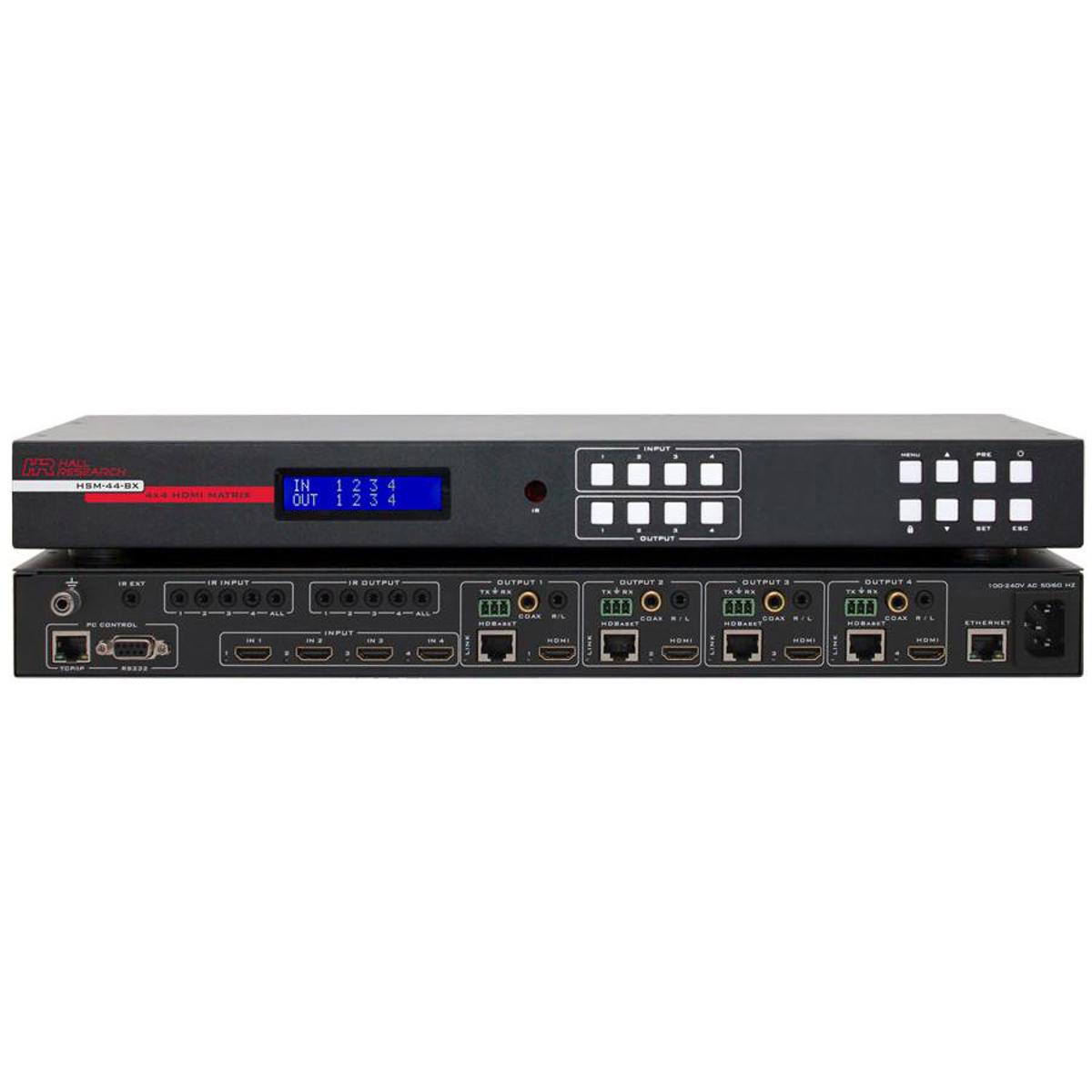 

Hall Research HSM-44-BX 4K 4X4 HDMI Matrix Switch, HDMI and HDBaseT Outputs
