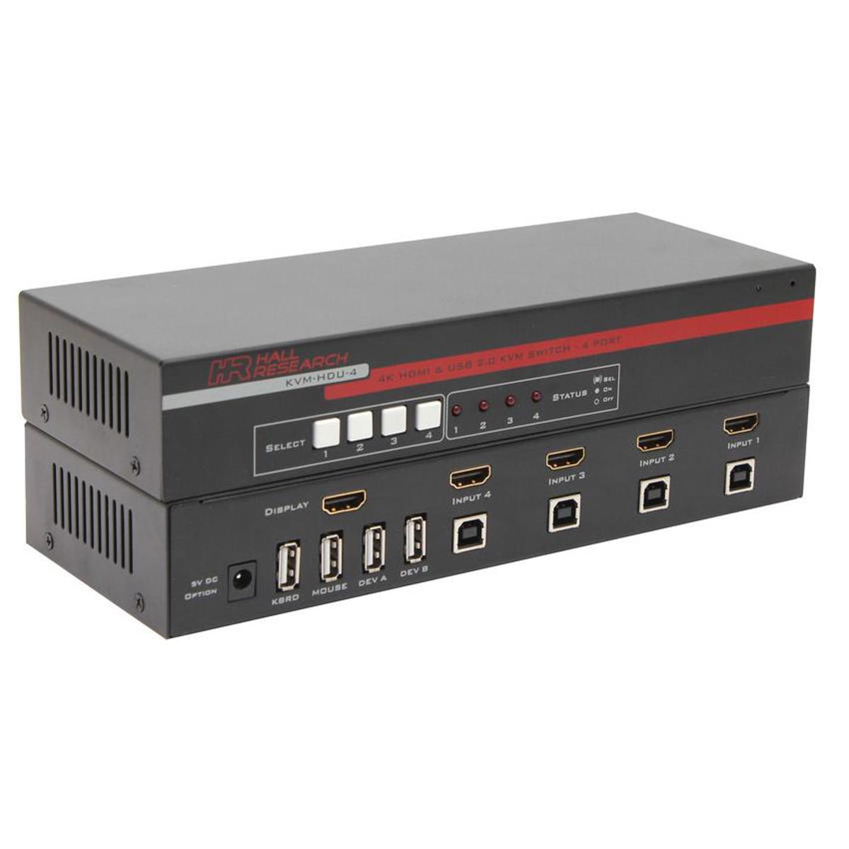 

Hall Research KVM-HDU-4 4-Port HDMI KVM Switch, USB 2.0 Hub & 4K Resolution