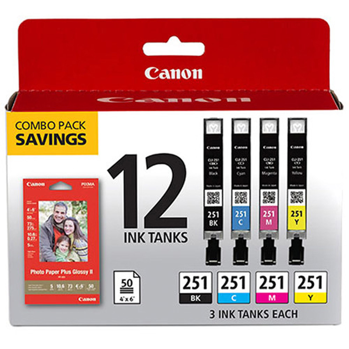 

Canon CLI-251 12 Ink Combo Pack with Canon Photo Paper Glossy 4x6" 50 Sheets