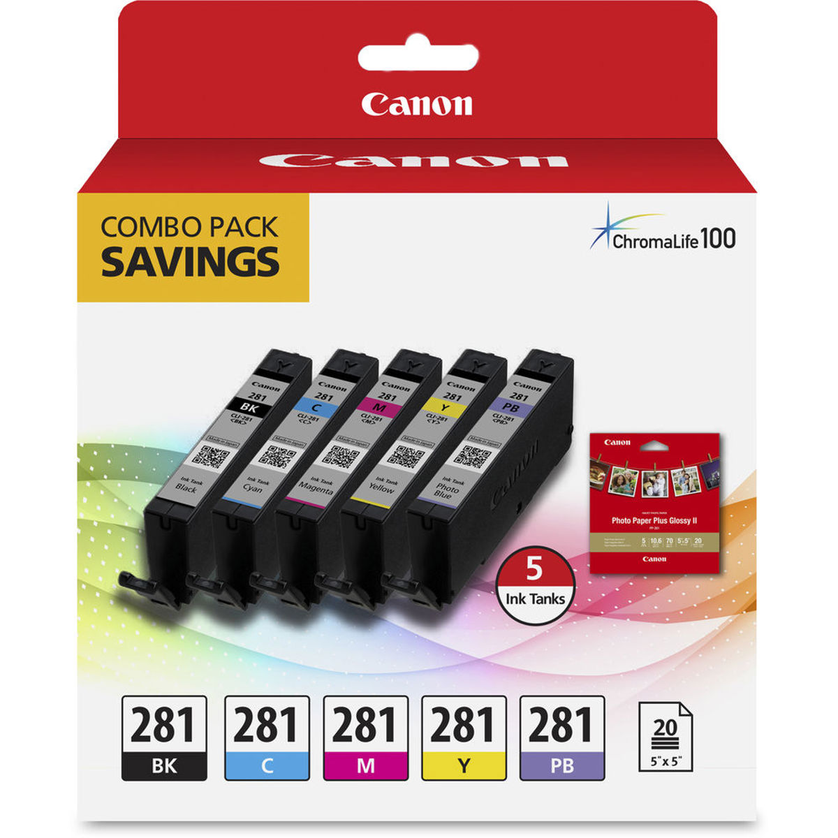 

Canon CLI-281 BKCMYPB Combo 5-Pack Ink Tanks with 20 sheets 5x5" Glossy Paper