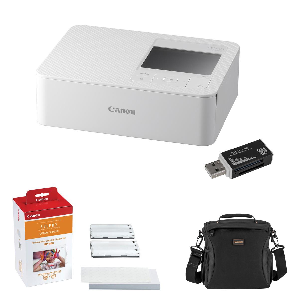 

Canon SELPHY CP1500 Wireless Compact Photo Printer, White w/Ink/Paper Set, Bag