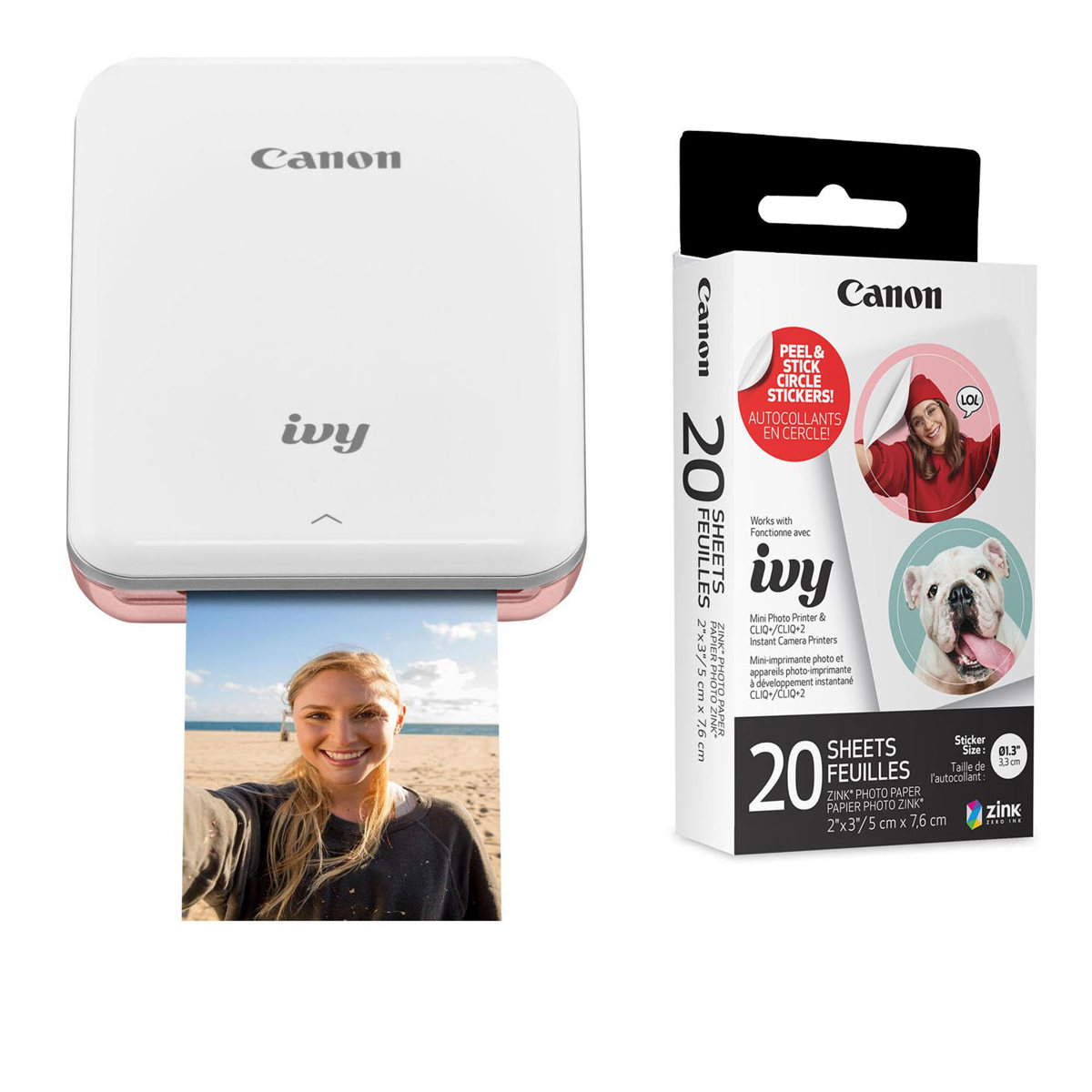 

Canon IVY Mini Photo Printer, Rose Gold with ZINK Sticker Paper (20 Sheets)