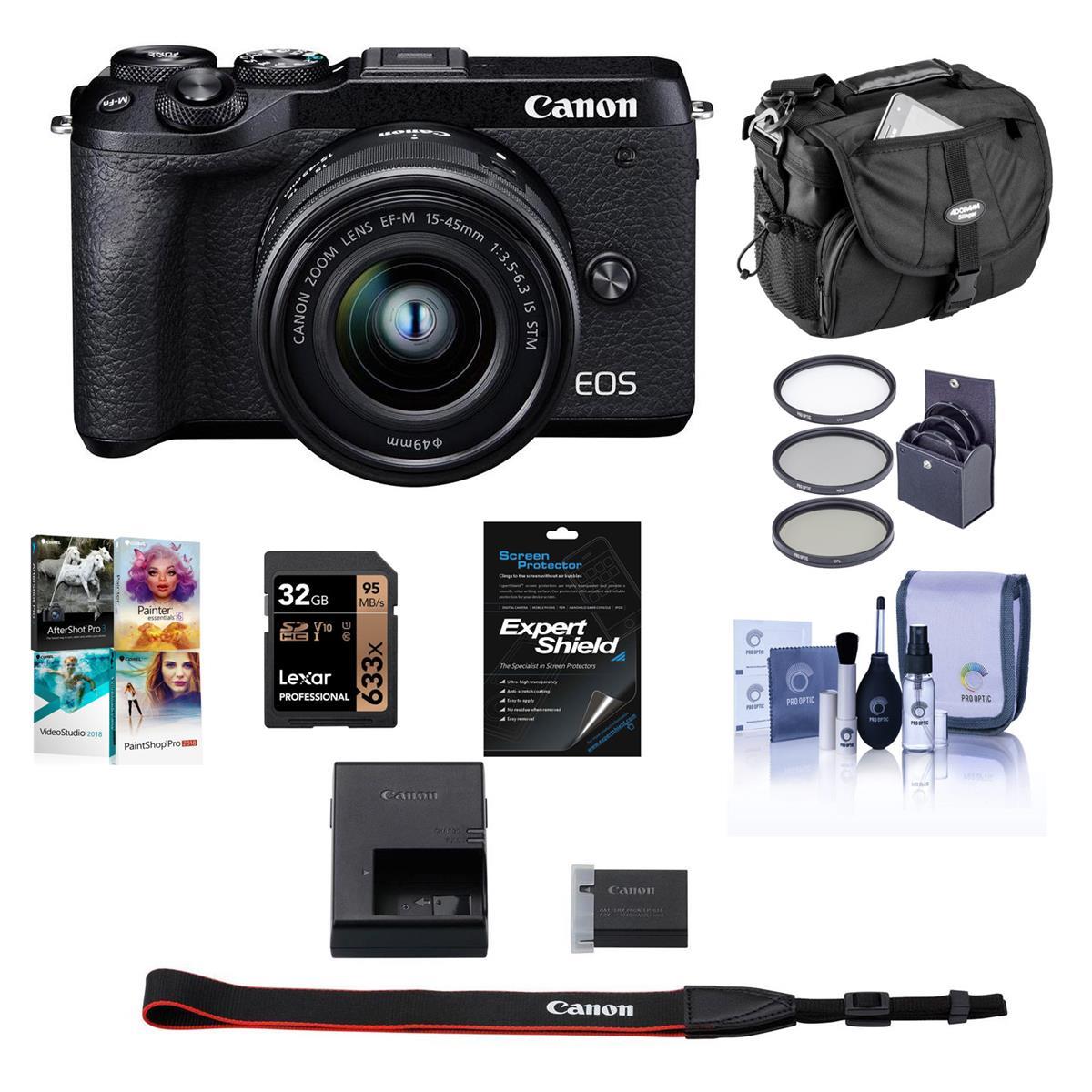 Canon EOS M6 Mark II Mirrorless Camera, 15-45mm Lens, EVF-DC2, Black W/Free Acc