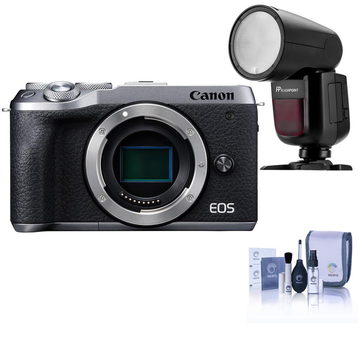 Image of Canon EOS M6 Mark II Mirrorless Digital Camera Body Silver W/FP Zoom Li-on Flash