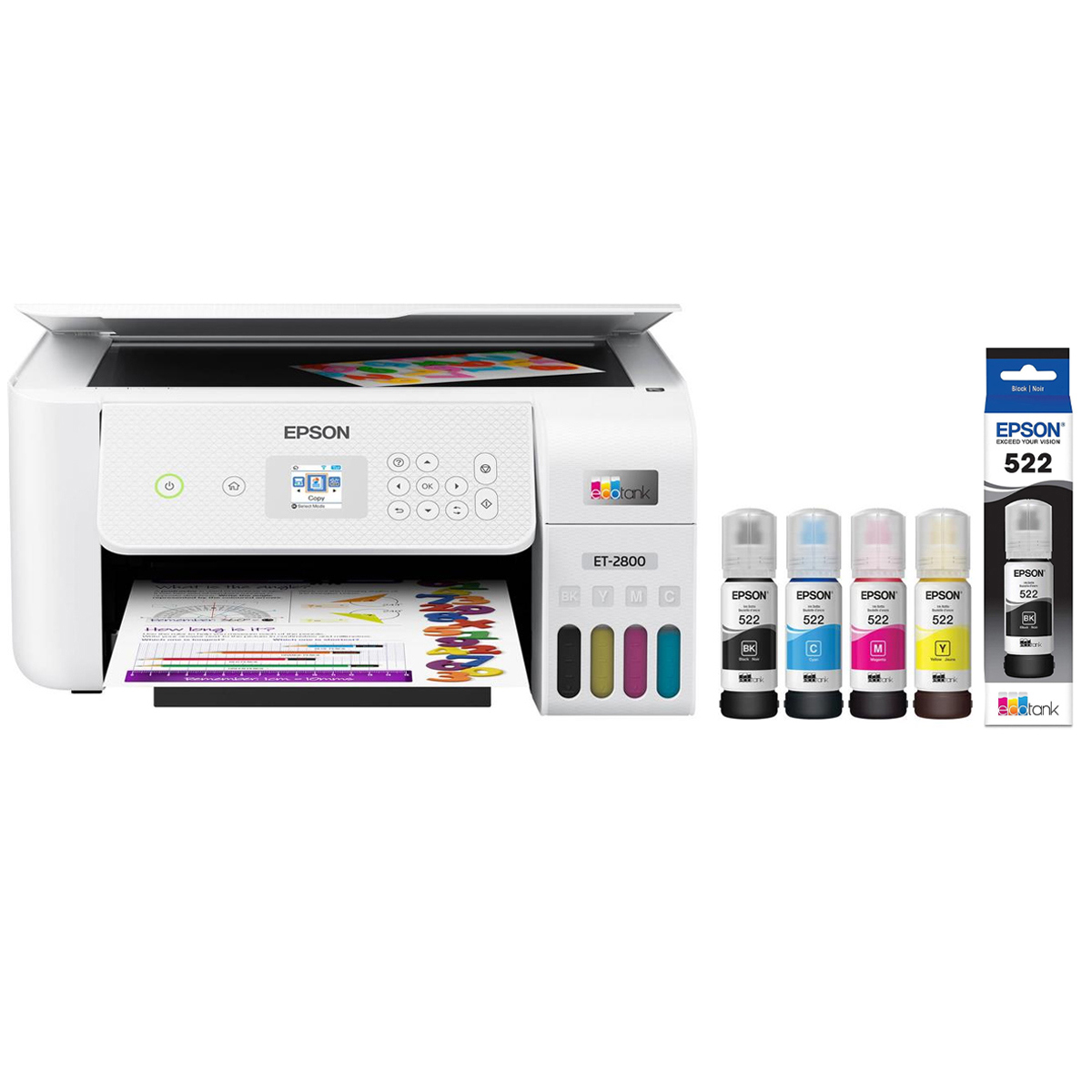 

Epson EcoTank ET-2800 Color Inkjet Printer, White with T522 Black Ink Bottle