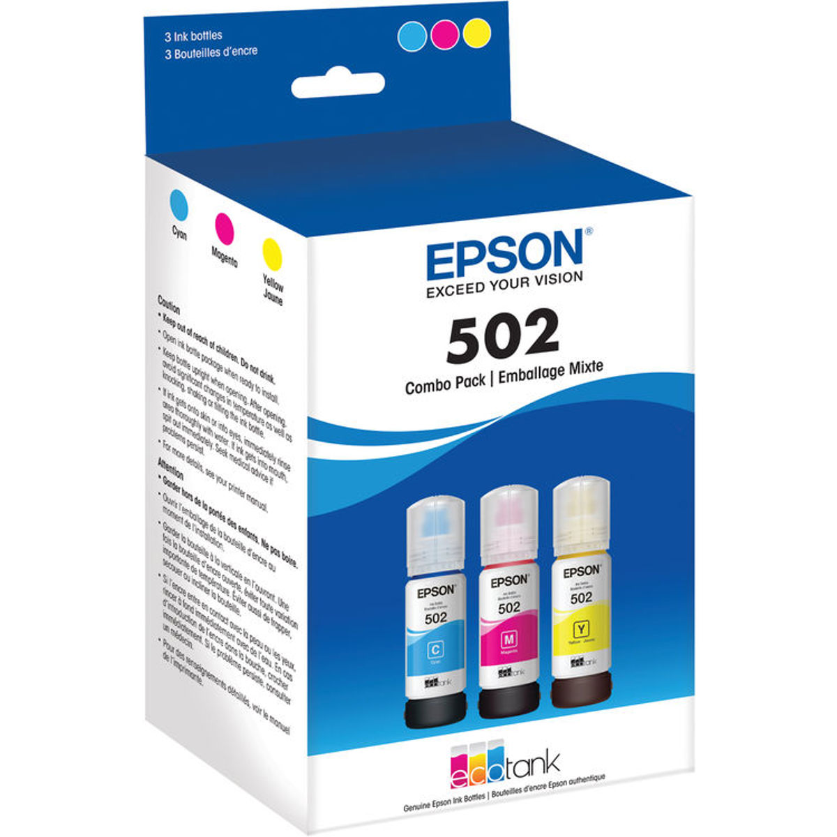 

Epson T502 Dye Color Combo Ink Bottles with Sensormatic, 3 Pack