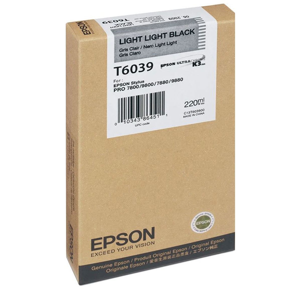 

Epson T603900 UltraChrome 220ml Ink, for Stylus Pro 7880, Light, Light Black