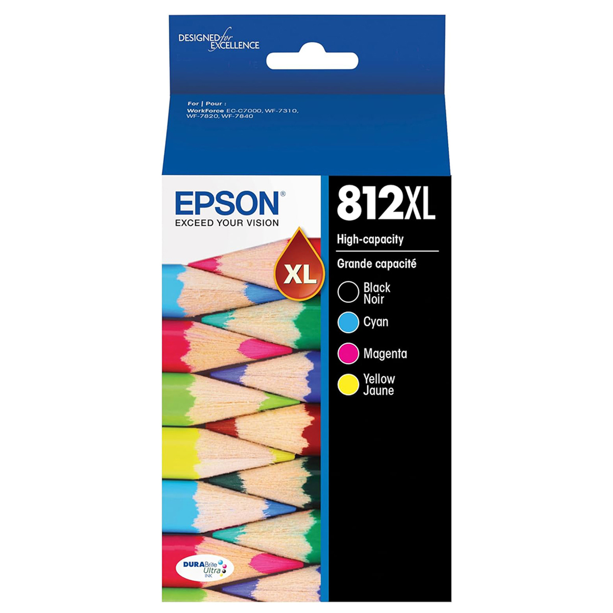 

Epson DURABrite T812XL Ultra High Capacity Ink Cartridges, 4-Pack, Black/C/M/Y