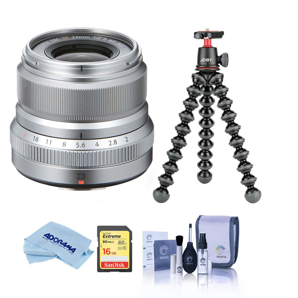 

Fujifilm XF 23mm f/2 R WR Lens,Silver w/GorillaPod 3K Tripod Kit, 32GB SDHC Card