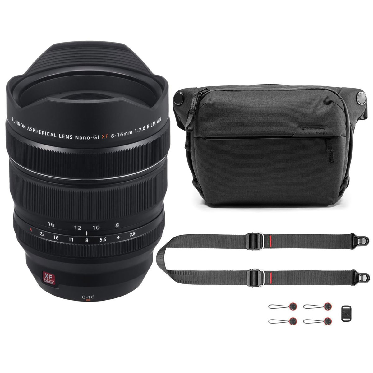 

Fujifilm XF 8-16mm f/2.8 R LM WR Lens w/Peak Design 6L Sling V2, SlideLITE Strap