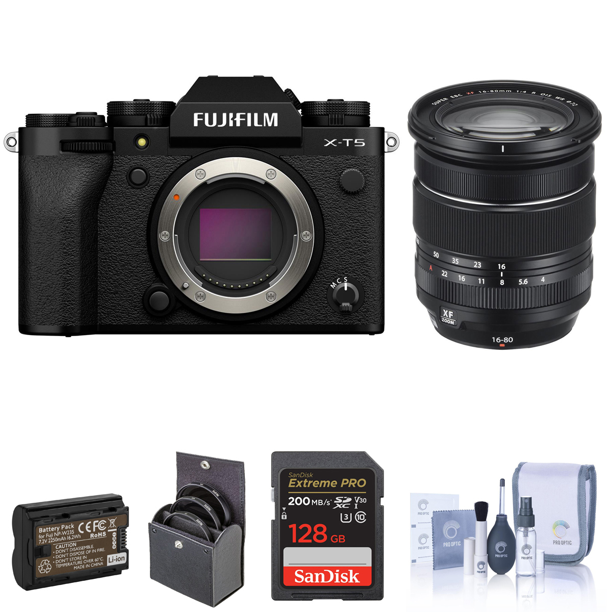 

Fujifilm X-T5 Camera, Black w/ XF 16-80mm f/4.0 R OIS WR Lens, Accessories Kit