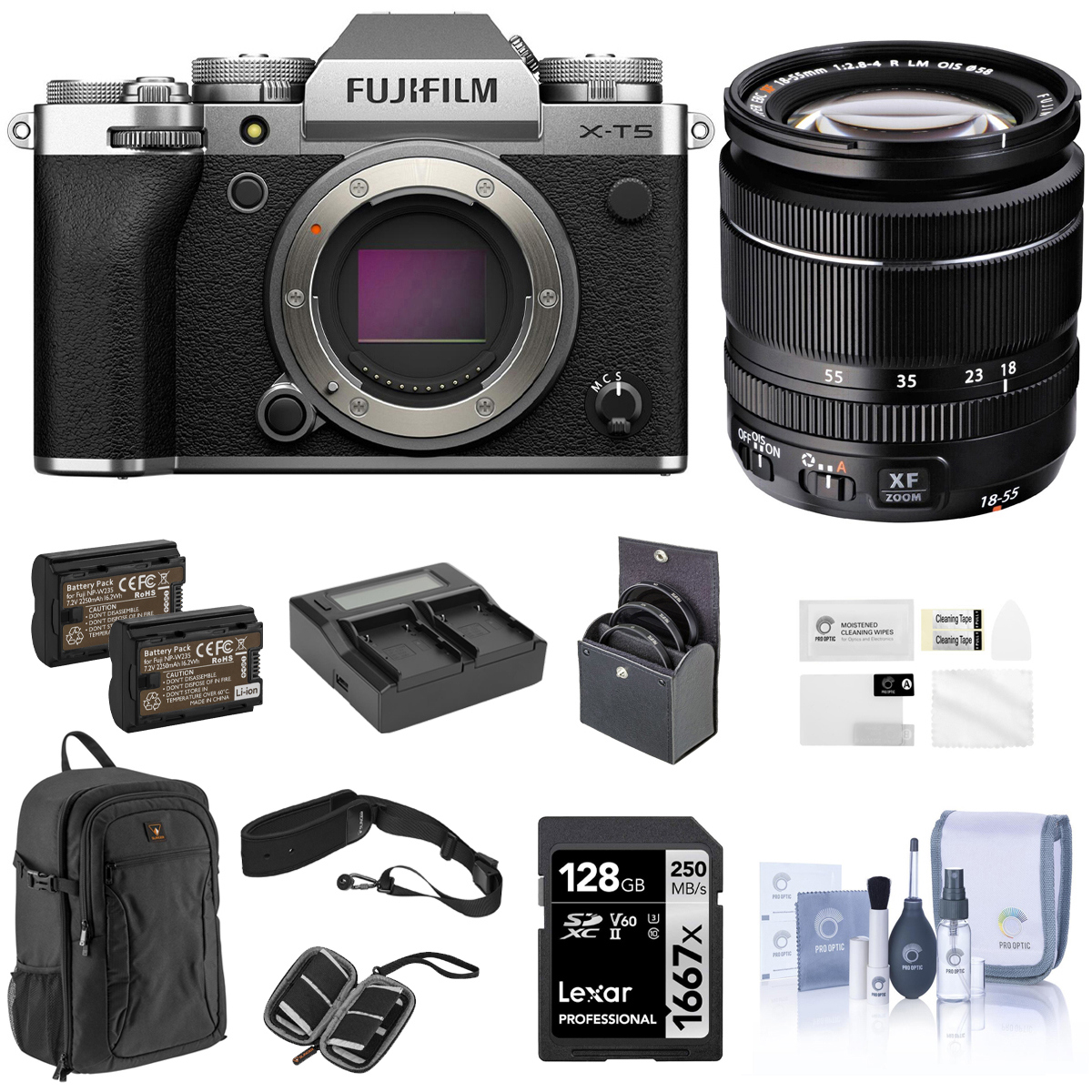 

Fujifilm X-T5 Camera, Silver w/ XF 18-55mm f/2.8-4 R LM OIS Lens, Complete Kit