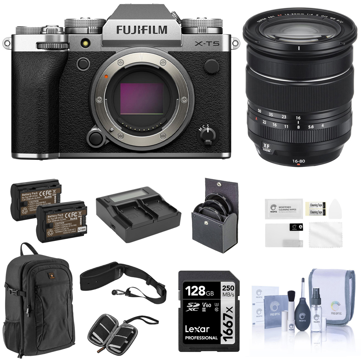 

Fujifilm X-T5 Camera, Silver w/XF 16-80mm f/4.0 R OIS WR Lens & Accessory Kit