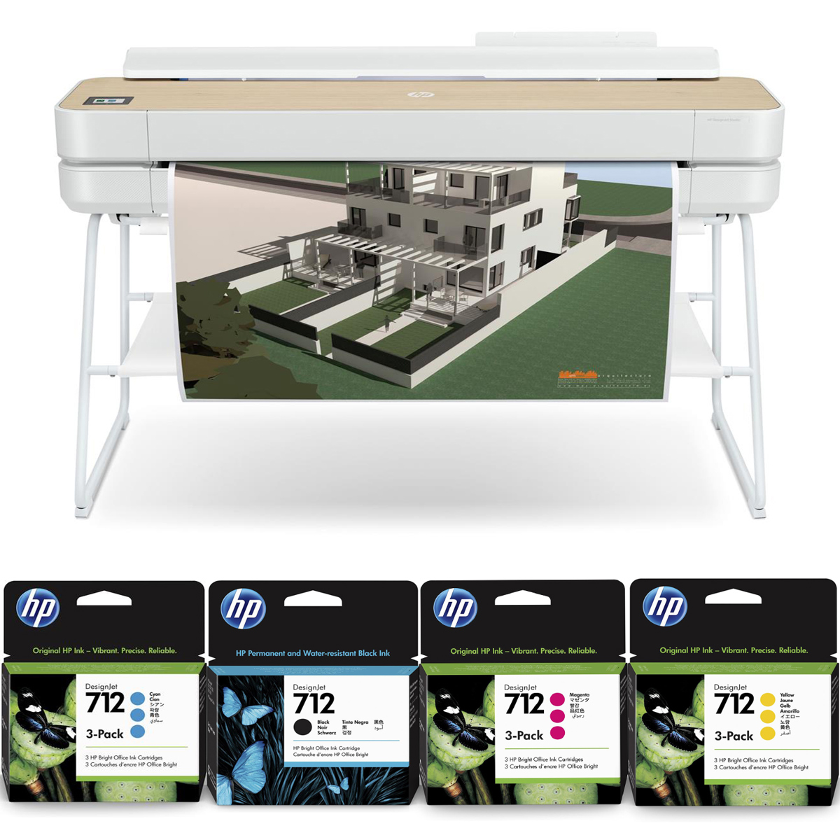 

HP DesignJet Studio Large Format Printer, 36", Wood, Bundle w/10 Ink Cartridges