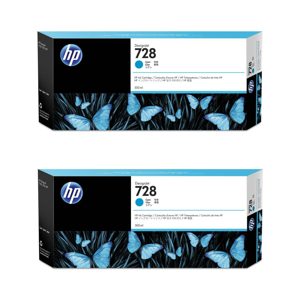 

HP 728 300ml Cyan Ink Cartridge for DesignJet T730 and T830 Printers, 2 Pack