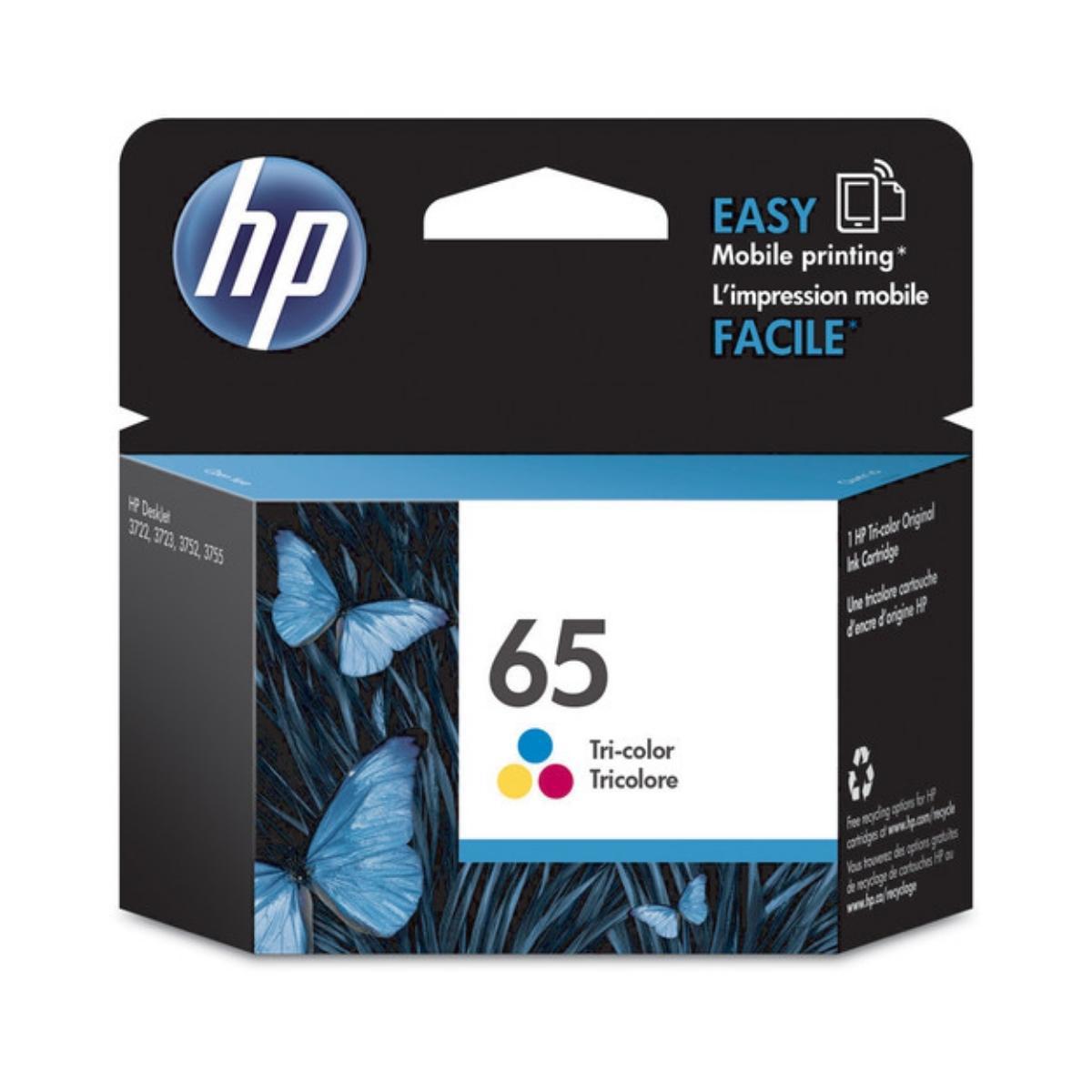 Image of HP 65 Tri-Color Original Ink Cartridge for DeskJet 3752 and 3755 Printers