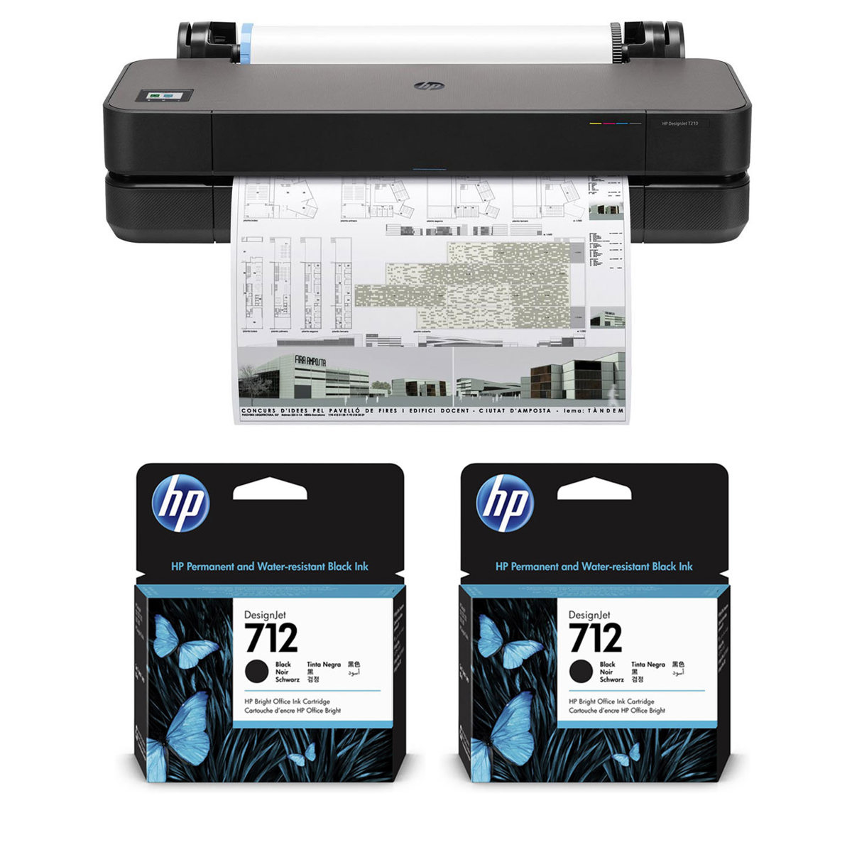 

HP DesignJet T210 Large Format Printer, 24", Bundle w/2x Black Ink Cartridges