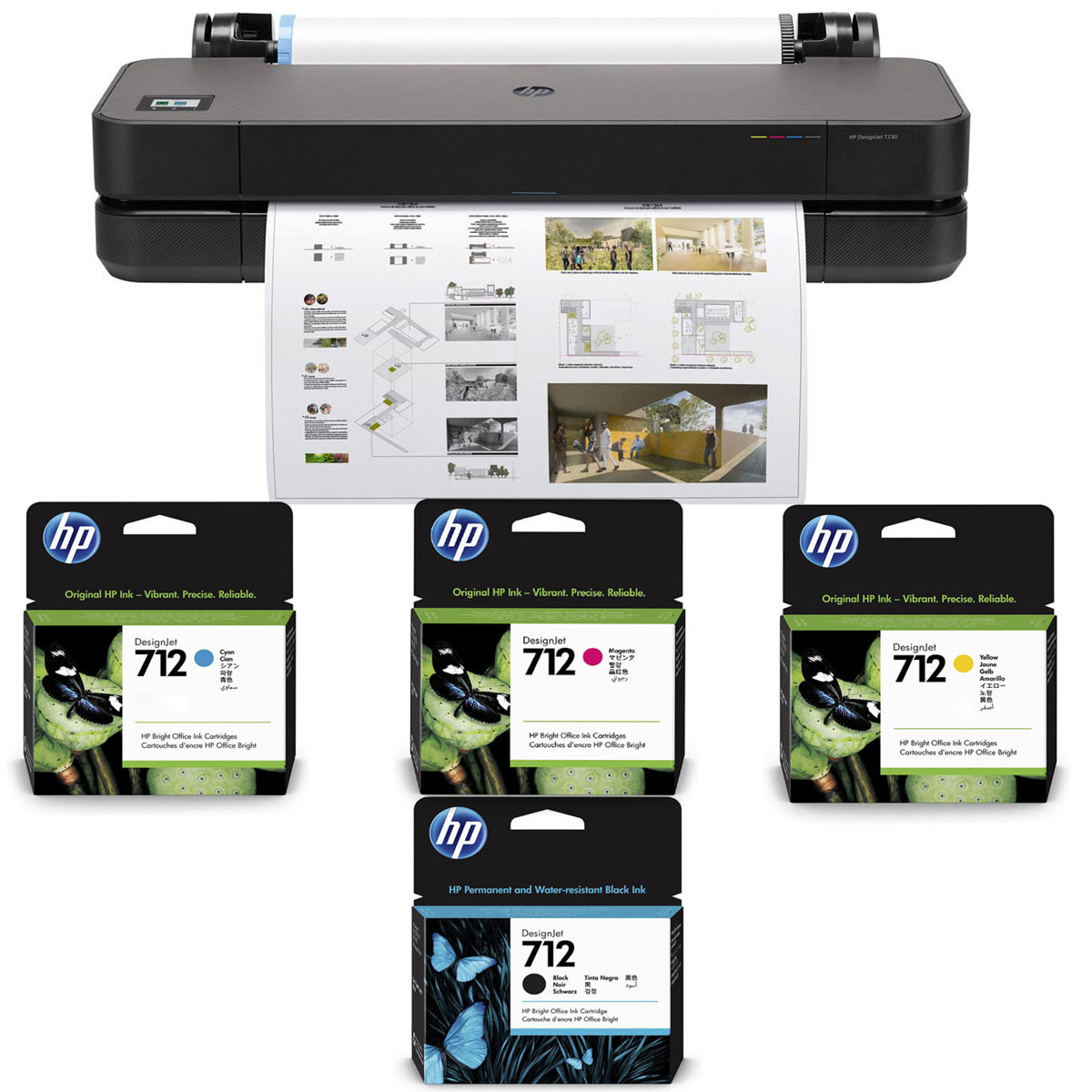 

HP DesignJet T230 24" Inkjet Plotter Printer, Bundle with Color & Black Ink Pack
